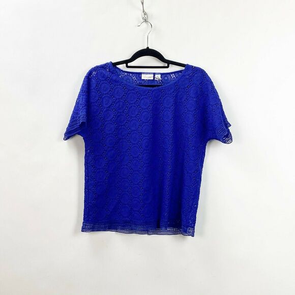 Chico's 1 Medium Womens Cobalt Blue Eyelet Top - Picture 1 of 5
